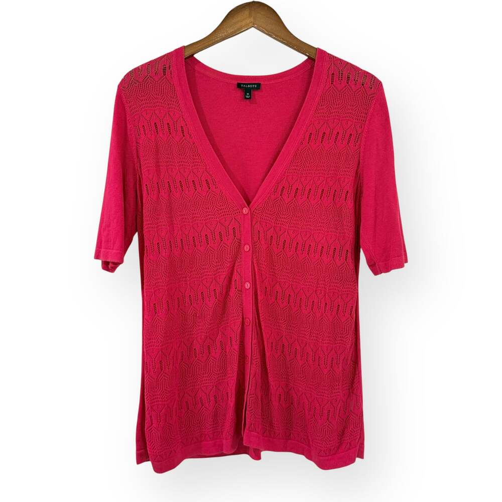 Talbots Berry Pink Crochet Cardigan M Short Sleeve Pointelle Knit Boho Coquette